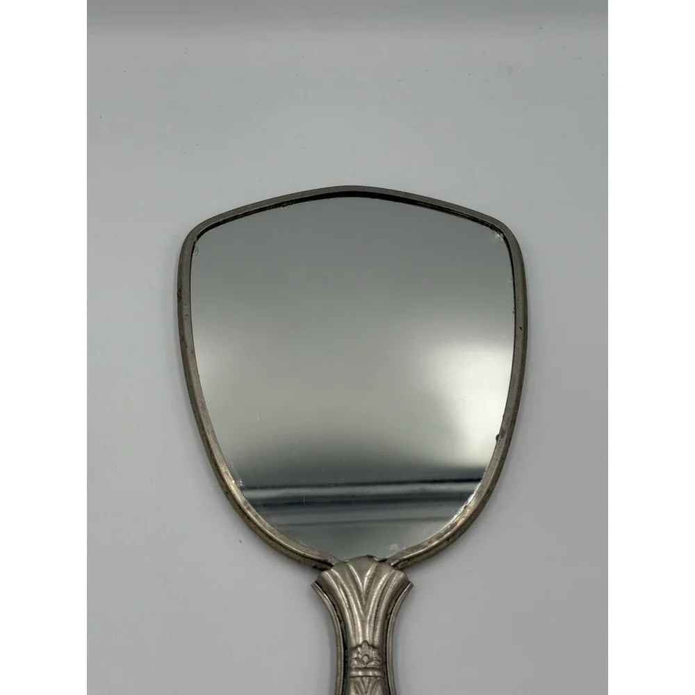 Vintage 1950s Vanity Hand Mirror Silver Plate Floral Decorative Inlay MCM Beauty